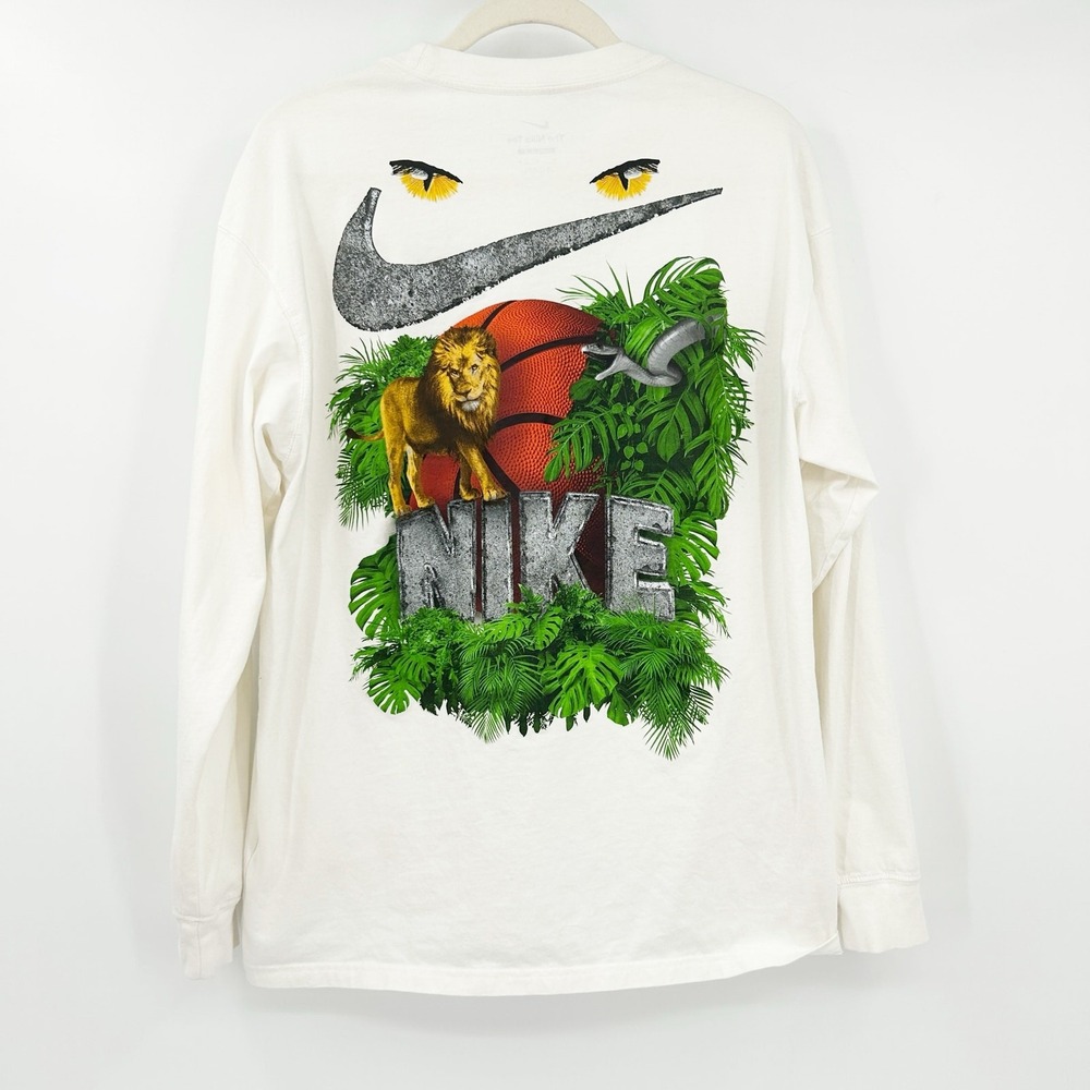 Nike Mens White Jungle Lion Basketball Graphic Streetwear Long Sleeve Tee Size M